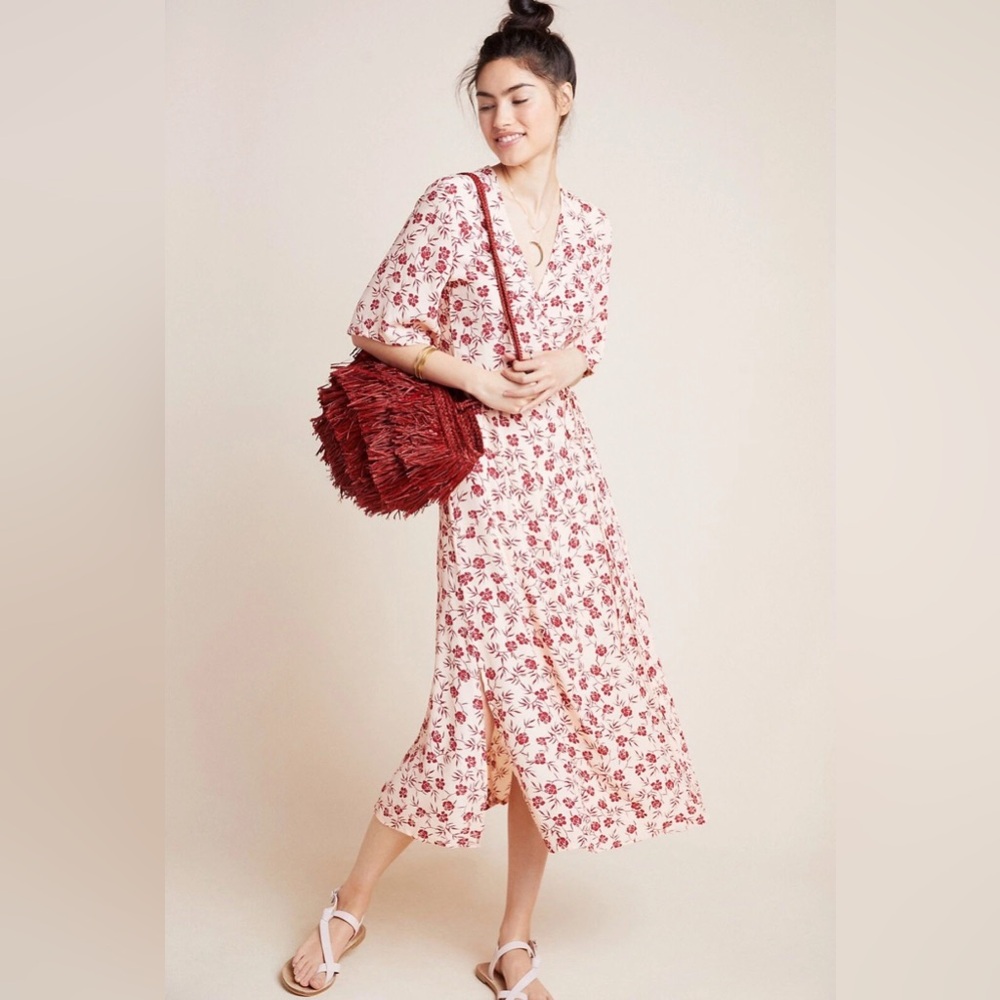 Anthropologie Red & Cream Floral Wrap Dress
